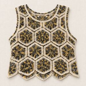 G & D Women’s Small Crochet Tank Top Boho Floral Open Knit Cropped Gray Mustard